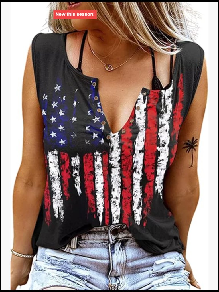 Women Patriotic Flag Print Sleeveless Tank With Open Back Criss-Cross